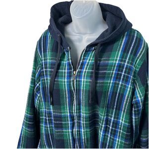 LL Bean Scotch Plaid Flannel Hoodie Womens XL Sherpa Fleece Lined Zip Jacket